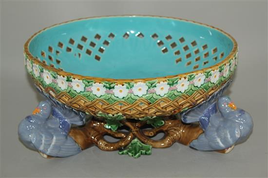 A Minton majolica pierced dove bowl, date code for 1870, 32cm diam, restorations